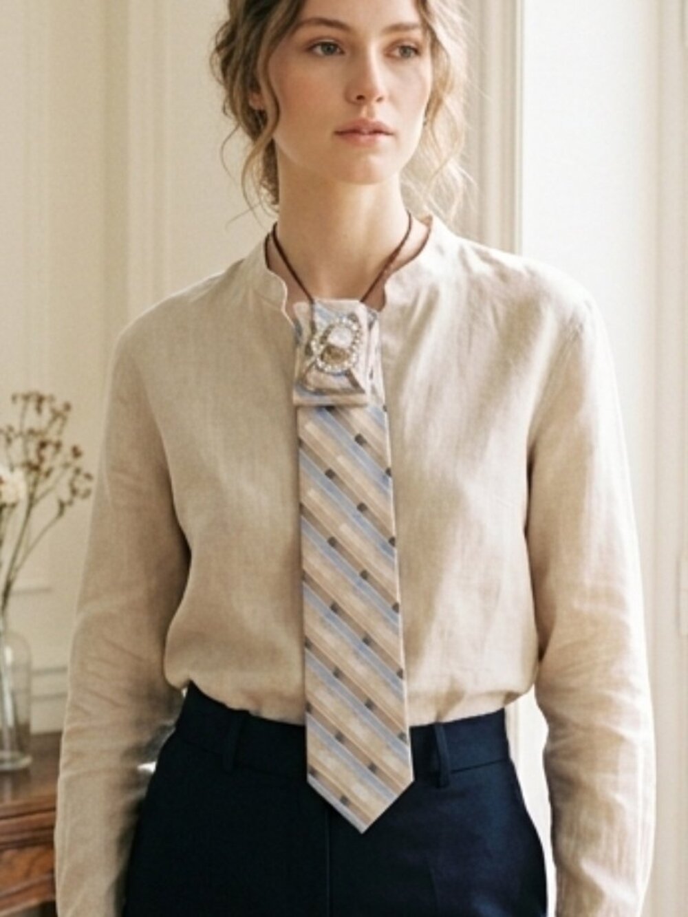 NWT Van Heusen Statement Tie Necklace Beige and Light Blue Striped